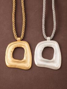 1pc Matte Gold/Silver Asymmetric Hollow Square Pendant Necklace With Thick Cord, Suitable For Women's Daily Wear, 18 Inches + 2 Inches Extension Chain - Gold - View 3