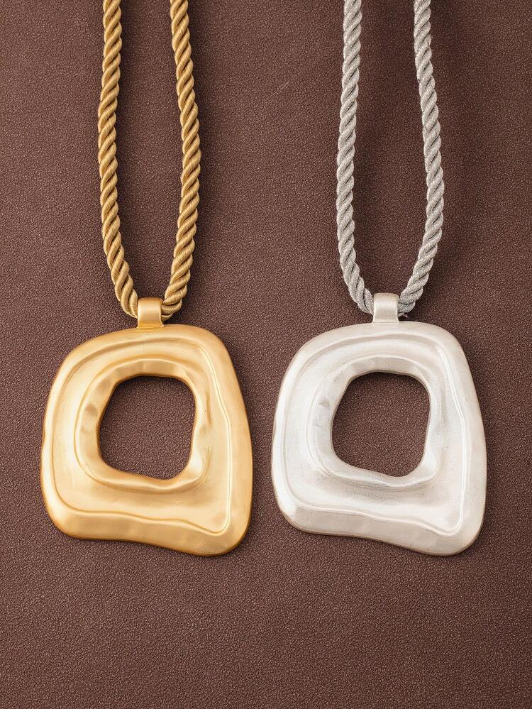 1件哑光金/银色不对称镂空方形吊坠项链，配粗绳，适合女士日常佩戴，18英寸+2英寸延长链 - 金色 - 查看 3