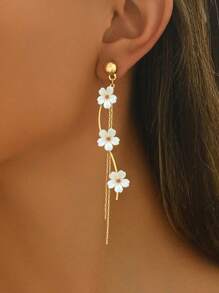 1 Pair Elegant High-Quality Tassel Floral Long Drop Earrings For Women, Fashionable & Versatile Summer Korean Style Flower Stud Earrings