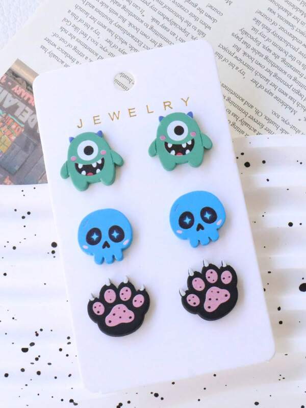 3pcs/Set Halloween Acrylic Faux Clay Enameled Earrings, Cute Cyclops Skull Claw Shaped Earrings, Unique Personalized Party Earrings
