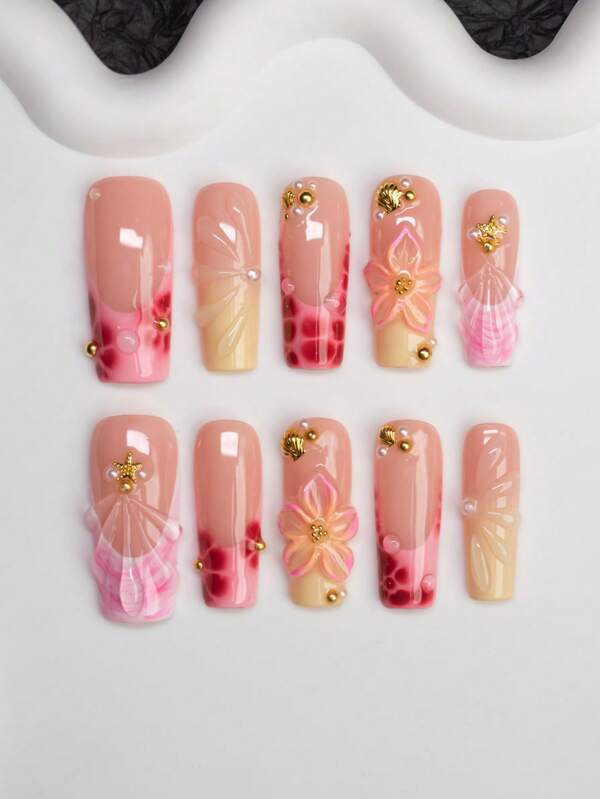 10pcs/Set Square Shaped Handmade Nail Tips, Y2K Girly Style/Ocean/Beach Theme, Nude, Pink, Yellow Nail Plates With French Edge, Starfish, Pearl, Carved, Water Drop, Shell, Starfish Element Design, Pure Handmade Nail Tips For Women And Girls, Shiny Nail Plates, 3 Size Options, Suitable For Party, Ball, Daily Wear, Includes Tool Kit, Can Be Gift For Women And Girls