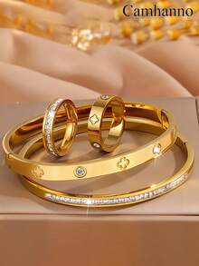 Camhanno 4pcs Elegant Multi-Color Stainless Steel Bracelet Ring Jewelry Set With Unique Design, Simple, Versatile For Both Menwomen, Gift Giving For Couples, Daily Street Travel, Parties, Holiday Wear - Multicolor - View 6