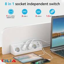 CILIA EU Power Strip With 4 AC Outlets + 2USB-A & 2Type-C Ports ,1.5m Surge Protection Cable , Ideal For Travel/Kitchen/Office/Dorm ,Dorm Room Essentials College,Black /White