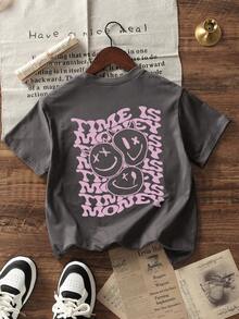 青少年男孩休闲印花圆领短袖 T 恤，夏季上衣