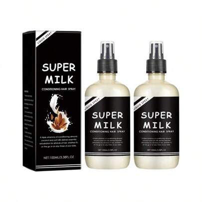Super Milk Conditioning Hair Primer,Spray acondicionador sin aclarado, Hidratación suave, Suavidad y brillo, Spray acondicionador Volumen fresco (2 piezas)