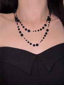 Vintage Edgy Goth Style Double Beaded Tassel Necklace, Sexy Long Necklace Sweater Chain For Women