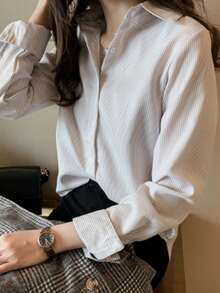 Versátil camisa a rayas mujeres diseño sentido nicho luz superior suelta camisa - Caqui - Ver 3