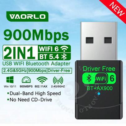 VAORLO 2 In 1 Bluetooth 5.4 USB Adapter + WIFI 6 Wireless Network Card (2.4G & 5GHz) Dual Band Receiver For PC/Laptop Win 10/11 Driver-Free MU-MIMO Multi-Device Connection, Bluetooth Mode For Bluetooth Headsets Speakers Bluetooth Mouse And Keyboard