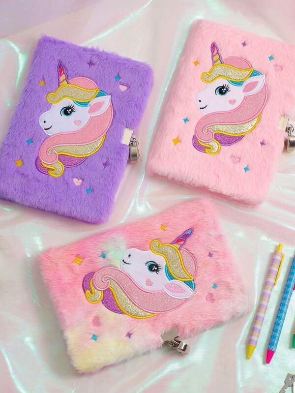 1 PC A5 Unicorn Plush Notebook With Lock - Cute Cartoon Diary For Girls, Fluffy Lockable Journal For Kids (Adorable Writing Book For Children)