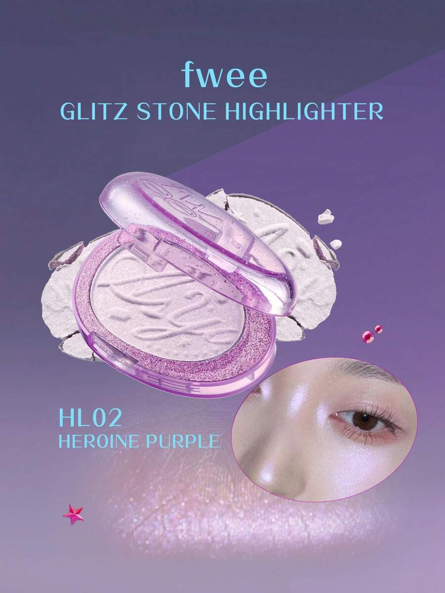 Fwee GLITZ STONE 高光粉 HL02 女英雄紫，3D立体石纹设计，丝绒慕斯质地，暖调珠光，打造3D水润光泽，轻拍上妆，高显色度，不飞粉，迷你粉盒，日常自然提亮，韩式彩妆，4.6克/0.16盎司