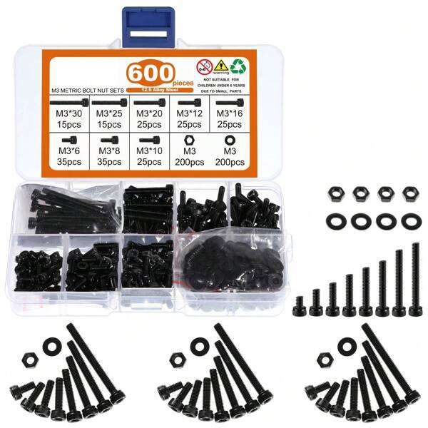 600 Pcs M3 Screws Assortment Kit, M3x 6/8/10/12/16/20/25/30mm M3 Screw Kits 12.9 Alloy Steel Nuts And Bolts Assortment Kit Black Zinc Plated Hex Socket Head Screws Nuts Bolts And Washers Set
