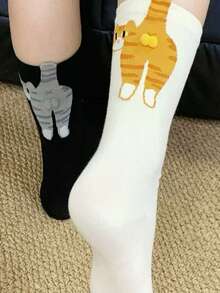 1/2 双装女士随机混色抽象 3D 猫咪图案中筒袜，可爱又别致的猫咪主题中筒袜，女士圣诞礼物