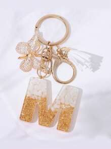 Cute Initial Letter Keyrings White Keychen,Capital Alphabet Gold Foil Resin Keychain Charm With Butterfly Tassel Pendant,Fashion Key Chain For Women Gift Purse Bag Handbag Decor,Father's Day Mother's Day Birthday Gift Thanksgiving And Christmas Day Holiday Gifts
