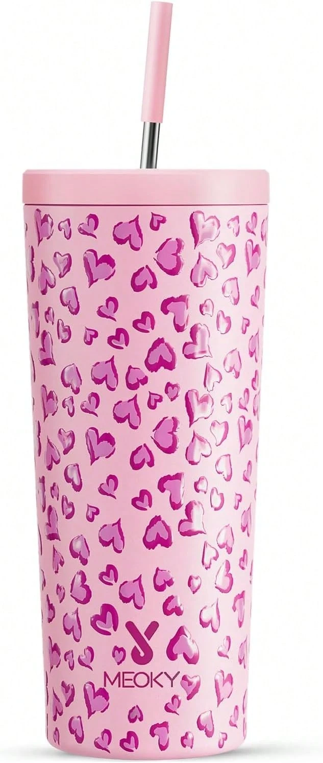 24 Oz Insulated Tumbler With Lid And Straw, Stainless Steel Vacuum Insulated Tumbler, Keeps Cold For 24 Hours, 100% Leak Proof, Fits In Car Cup Holder (Kiss) - 愛 - 查看 1