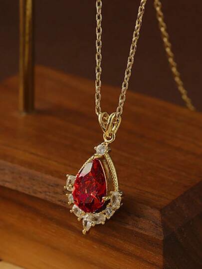 1pc S925 Sterling Silver Vintage Red Gem Waterdrop Pendant Necklace, Elegant Quality Jewelry For Women Suitable For Everyday Wear And Party Events