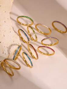 1pc BirthStone Ring 12 Month Color Zirconia Inlaid Rings For Women Stainless Steel PVD Plated Gold Color Engagement Wedding Jewelry - Ring - View 3
