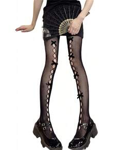 SOLILOQUY Women's Patterned Tights Kawaii Bowtie Fishnet Stockings Leggings Mesh Pantyhose Hollow Out Lace Socks - 克里斯懷特 - 查看 6