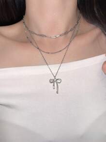 Luxurious Sweet Rhinestone Bowknot Faux Pearl Necklace, Dainty Delicate Collar Necklace Accessory For Women