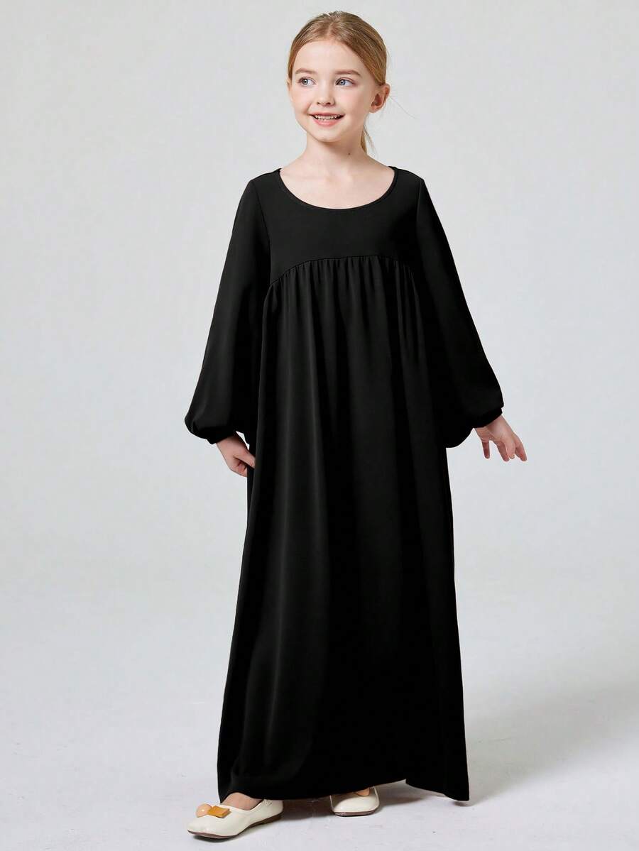少女简约优雅宽松休闲长袖连衣裙 - 黑色 - 查看 1