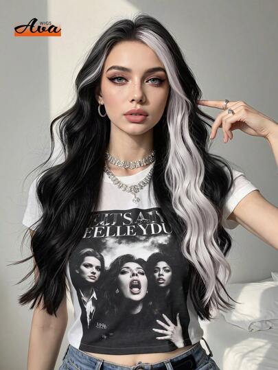 Peruca de dois tons, preta e cinza, de 24 polegadas, multicolorida, cacheada, sintética, resistente ao calor, para mulheres, meninas, festa à fantasia ou uso diário, cabelo falso resistente ao calor para cosplay ou uso diário para festas de fim de ano, ideal para uso diário e em festas, presentes de verão para meninas, acessórios para festivais, festivais de música, moda diária, peruca para cosplay de Halloween