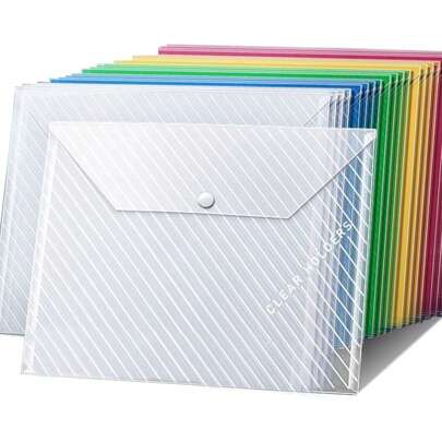 20pcs Striped Plastic Envelopes/Document Folders, A4 Size Receipt Paper Organizer Bags, Colorful Envelopes With Snap Closure, Suitable For School, Office, Kids Stationery, Back To School Rewards, Graduation Gifts, Etc.
