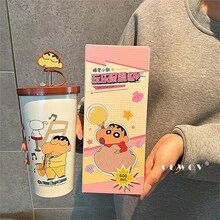 635ml/21oz Crayon Shin Chan Doll Thermos Cup Insulation Bottle Anime Cartoon Large-Capacity Desktop Straw Cup Stainless Steel Coffee Mug Tumbler Birthday Gifts - Brown - View 6