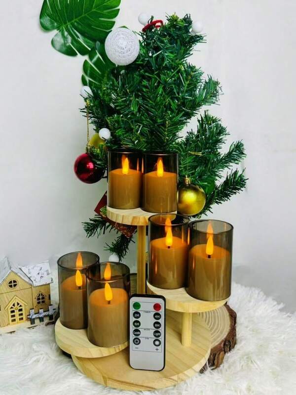 6pc Grey Realistic Flameless Votive Candle Lights With Remote Control, Flashing LED Warm Light Tea Candles For Home, Wedding, Holiday Home Decor And Accessories