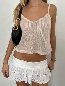 Women Y2K Sequin Cami Top Sparkle Tank V Neck Open Back Spaghetti Strap Crop Tops Summer Glitter Crop Top Party Clubwear - 杏色 - 查看 4