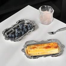 Bandeja vintage de acero inoxidable con plato postre con relieve, cara espejada, para almacenamiento de joyas y decoración del hogar - Plateado - Ver 5