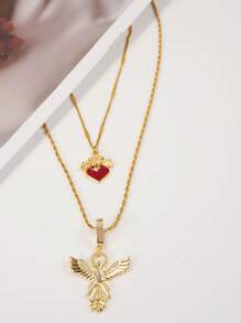 2pcs Fashionable Personalized Angelic Red Heart Multilayer Pendant Necklace, Gift For Women