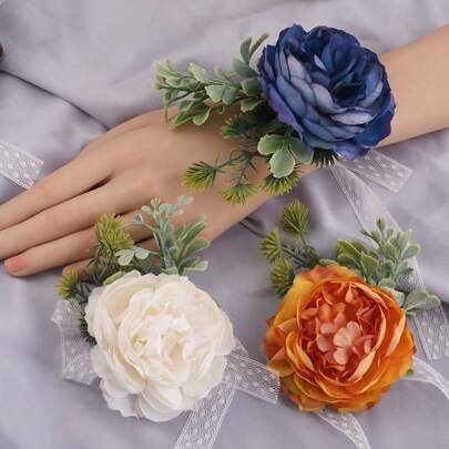 1pc Women Wrist Flowers, Korean Style Colorful Rose & Leaf Decor Bridal Bridesmaid Wedding Party Corsage, Romantic Floral Decoration Accessory