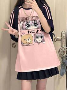 Teen Girls Short Sleeve Tee Bright Future Anime Print Teddy Soft Comfy Everyday Wear