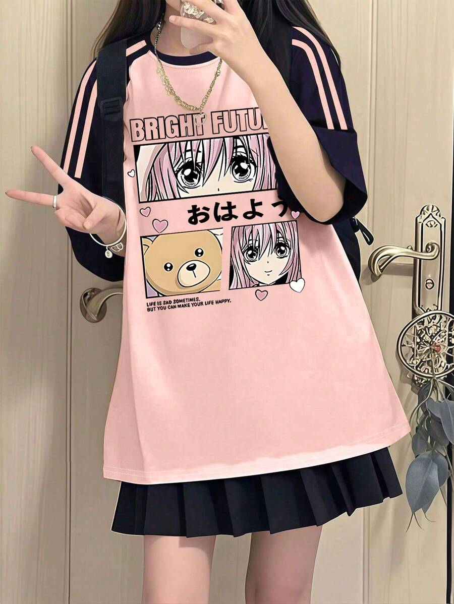 Teen Girls Short Sleeve Tee Bright Future Anime Print Teddy Soft Comfy Everyday Wear
