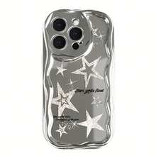 Funda para teléfono 1 pieza adecuada para 16 ProMax/16Plus/16Pro/16, 15/14/13/12/11 Nuevo teléfono con forma de onda con patrón de moda galvanizado, orificio de precisión de lente, funda protectora integrada de TPU resistente a golpes y caídas. - Plateado - Ver 1