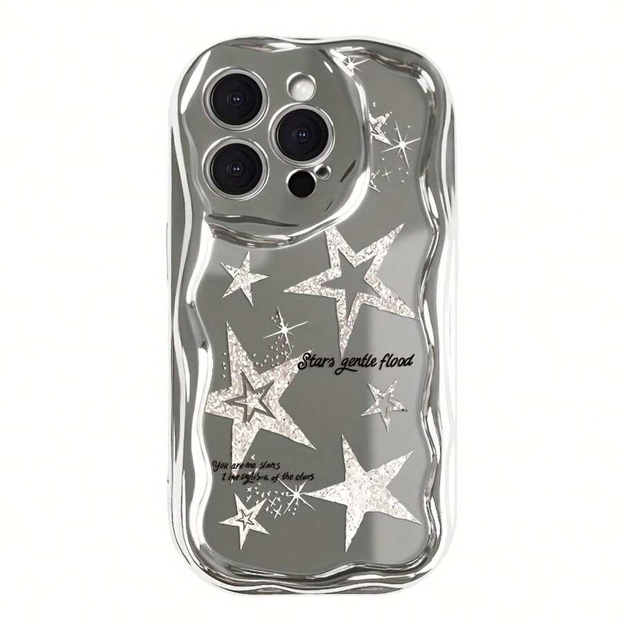 Funda para teléfono 1 pieza adecuada para 16 ProMax/16Plus/16Pro/16, 15/14/13/12/11 Nuevo teléfono con forma de onda con patrón de moda galvanizado, orificio de precisión de lente, funda protectora integrada de TPU resistente a golpes y caídas. - Plateado - Ver 1