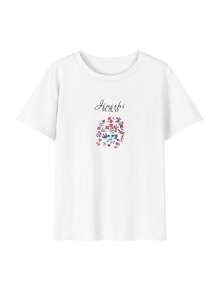 Women's T-Shirt, Short Sleeves, Crew Neck, Summer Style, Simple, 100% Cotton, Flower Heart Design - 白色 - 查看 2