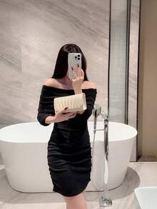 时尚优雅迷你翻盖褶皱方形斜挎包，带链条 - 杏色 - 查看 11