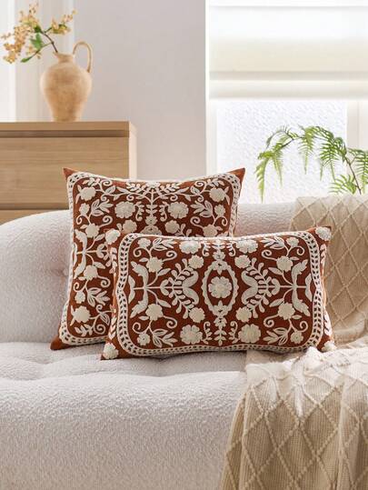 1 件橙色漩涡花/叶刺绣装饰枕套，适合室内装饰，适合所有季节，不含枕芯