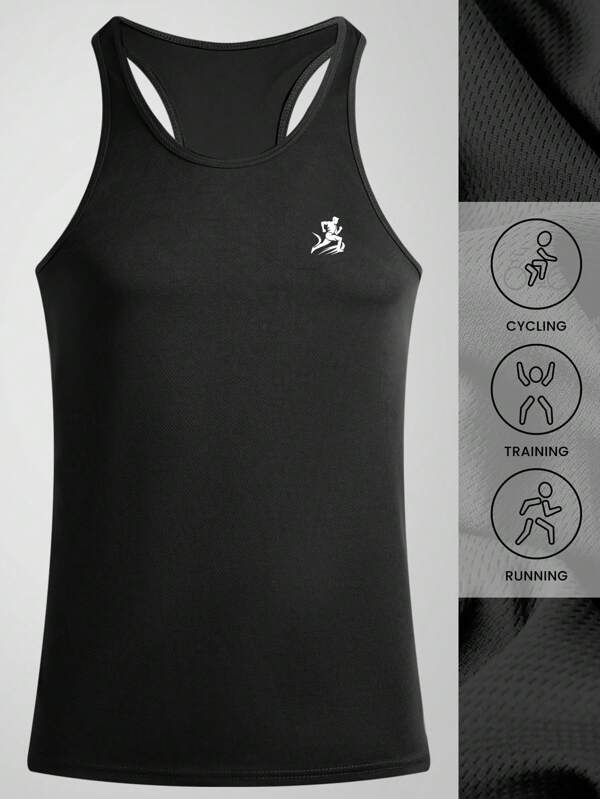 1pc Dark Blue Minimalist Printed Summer Men's Sportswear, Comfortable Sleeveless Round Neck Fitness Clothes, Suitable For Running, Various Fitness Activities, Outdoor Sports, And Casual Outings
