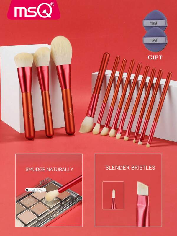 MSQ 12pcs Red Soft Bristle Makeup Brush Set (With 2 Makeup Sponges), Portable Professional Tools Include Foundation Brush, Blush Brush, Contour Brush, Eyeshadow Brush, Eyebrow Brush, Eyeliner Brush, Liquid Foundation Mixer, Beauty Makeup Tools, High Quality Synthetic Hair Eyeshadow Mixing Brush Set, Makeup Essentials