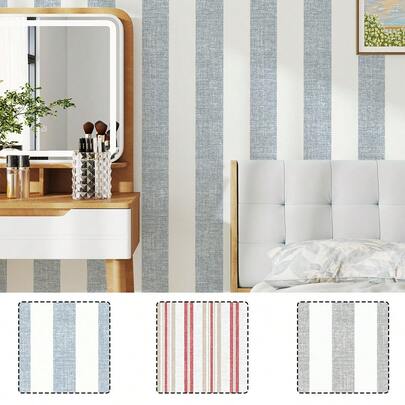 SUPSTICKER 1 卷浅蓝白、棕白条纹仿布即剥即贴壁纸，可移除、可修剪，适用于墙面装饰、卧室、儿童房、家具表面改造，打造清新空间风格