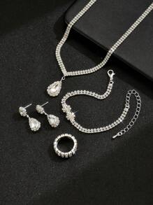 5 Stück/Set Blumenmuster Braut Schmuckset inklusive Halskette, Ohrringe, Armband, Ring - Eleganter und modischer Stil, tolles Geschenk für Frauen