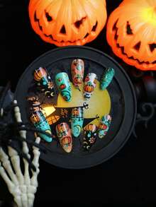 24PCS/1BOX Cute Pumpkin Almonds Halloween Stars And Moon Cute Pumpkin Pressing Fake Nails Press On Nail - Multicolor - View 2