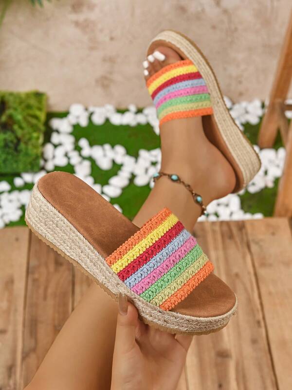 Women's Wedge Thick Bottom Sandals, Rope Trimmed Thick Bottom Wedge Sandals, Lightweight Sole, Comfortable Outdoor Sandals, Handwoven, Women Summer Shoes, Beige Color, Black Sandals, Women Thick Bottom Sandals, Women Shoes Summer, Wedge Shoes, Crocheted Strap Rope Sole Comfortable Thick Bottom Sandals, Fashionable Casual Straw Rope Bottom Outdoor Sandals, Comfortable Versatile Beach Vacation Open Toe Slippers