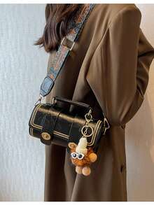 1pc Mini Retro Round Handbag For Women, Daily Use (With Furry Decoration) - Black - View 6