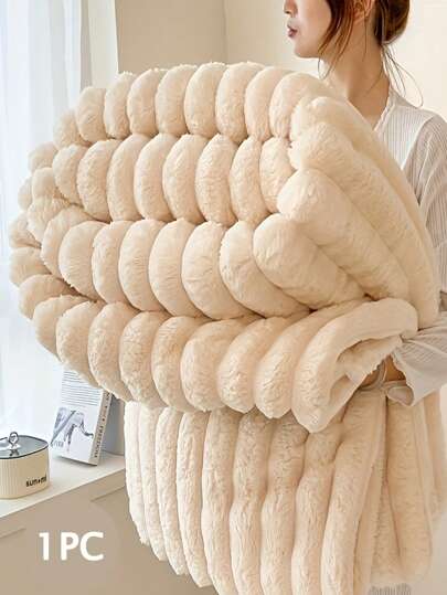 1pc Luxurious Dual-Sided Faux Rabbit Fur Throw Blanket - Cozy Striped Flannel, Soft & Warm For Naps, Office, Camping, Sofa - Versatile Polyester Bed Cover, Perfect Christmas Gift