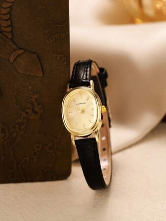 LIANDU LIANDU 1pc Vintage Fashionable Casual Women's Wrist Watch, Oval Case, PU Strap, Delicate Dial With Rhinestone Decor, Elegant & Charming For Daily Wear, Birthday Gift, Party, Holiday Gathering, Ideal For Self Or Friend, No Packaging Included.