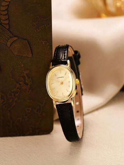 LIANDU LIANDU 1pc Vintage Fashionable Casual Women's Wrist Watch, Oval Case, PU Strap, Delicate Dial With Rhinestone Decor, Elegant & Charming For Daily Wear, Birthday Gift, Party, Holiday Gathering, Ideal For Self Or Friend, No Packaging Included.