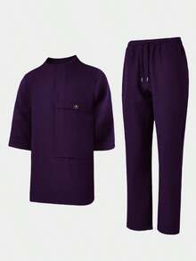 2pcs/Set Men's New Dashiki Short Sleeve Shirt And Drawstring Pants Set, Black, Spring/Summer, African Style Casual Outfit For Street, Party, Wedding, Business, Daily Wear, Cultural Events, Traditional Ceremonies - Purple - View 4