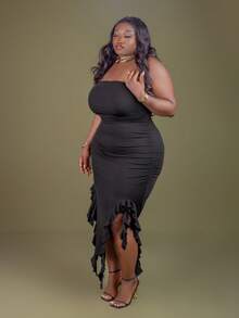 CurvyTilda 加大长款夏季连衣裙 荷叶边饰边褶饰侧边抹胸紧身连衣裙 - 黑色 - 查看 5